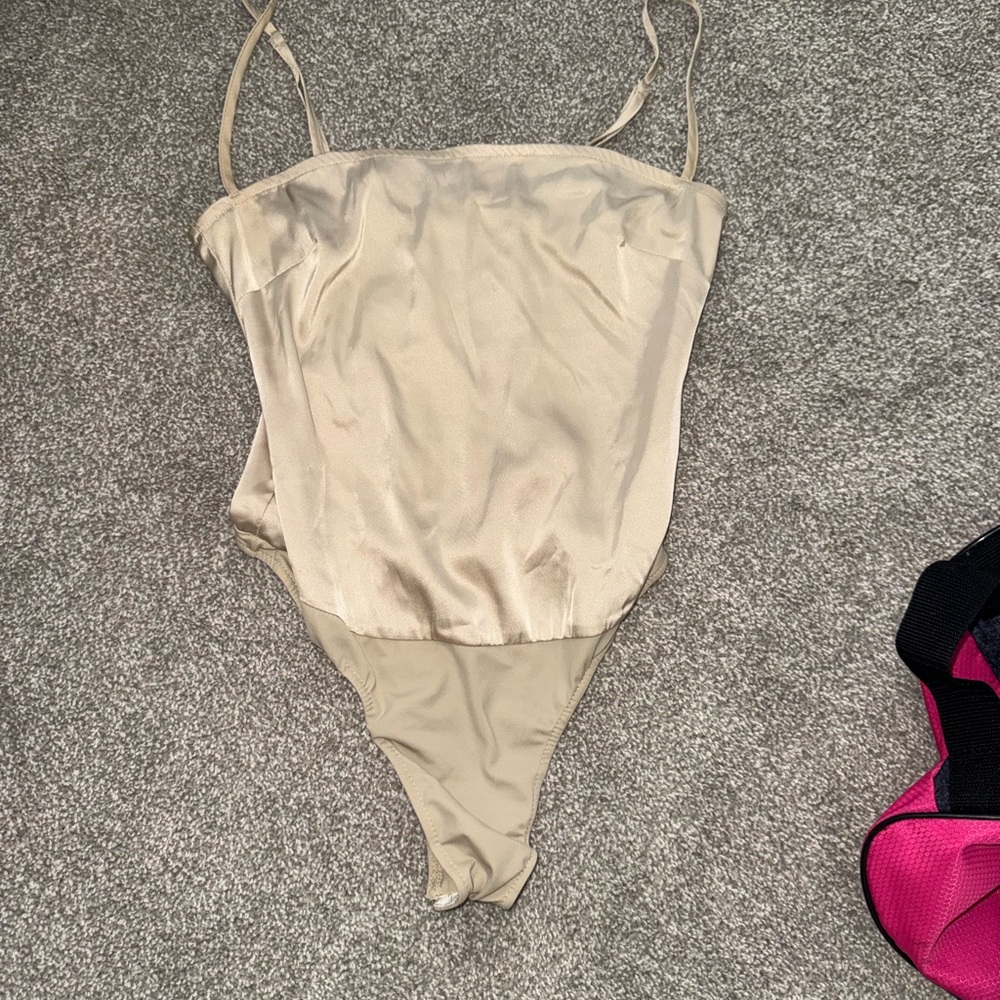 WeWoreWhat Champagne Satin Thong Bodysuit